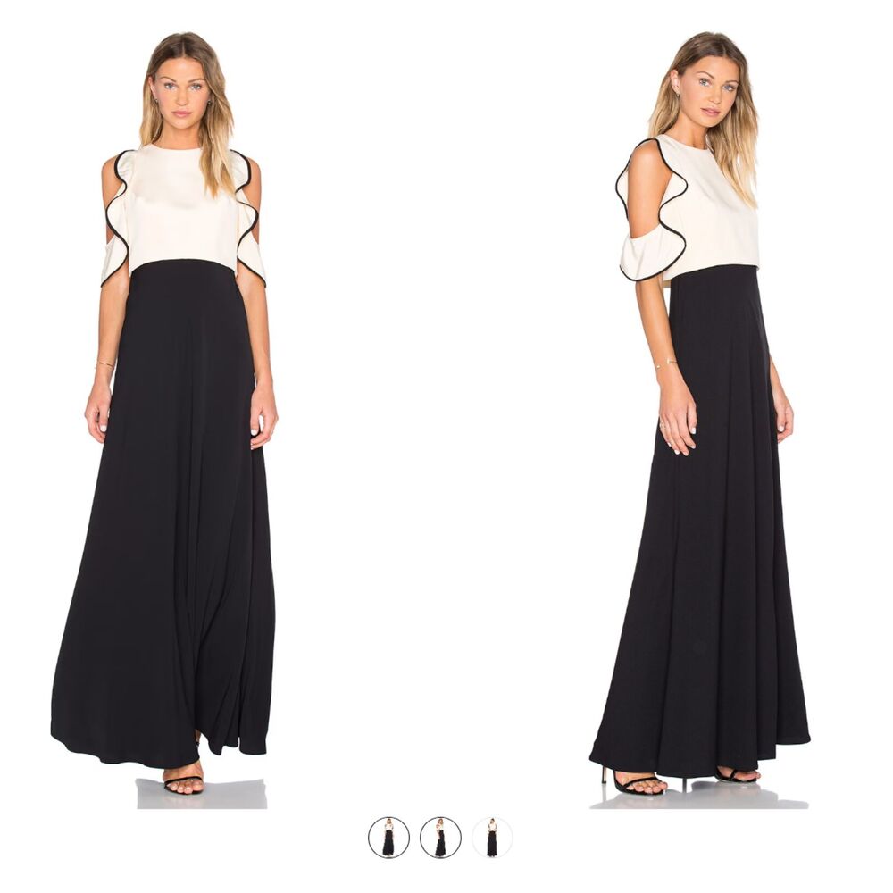 Jill Stuart Cream & Black Ruffle Trim Maxi Gown Size 6 NWT